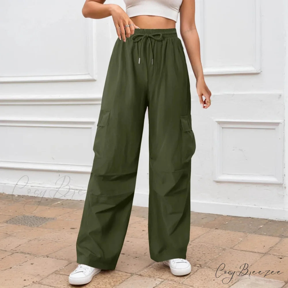 Relaxed Solid Color Wide Leg Pants Green / S pants-241228