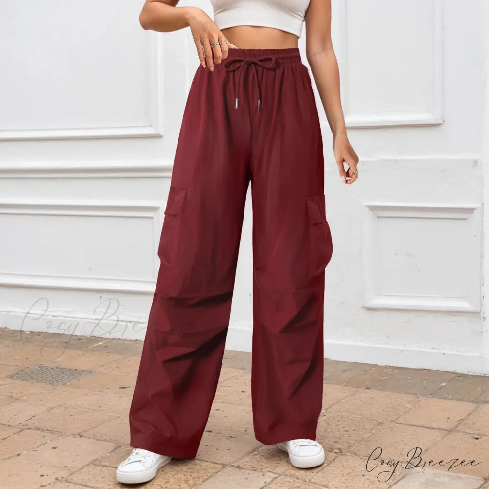 Relaxed Solid Color Wide Leg Pants Red / S pants-241228