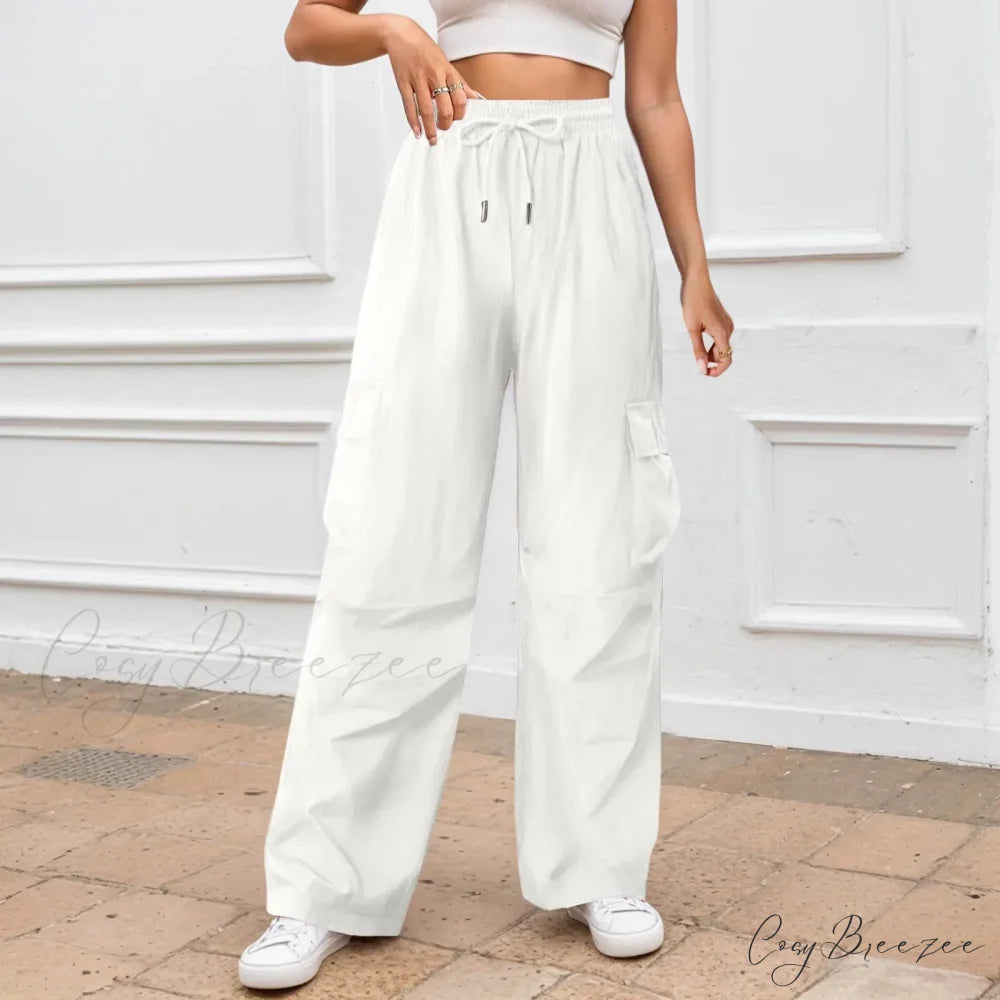 Relaxed Solid Color Wide Leg Pants White / S pants-241228