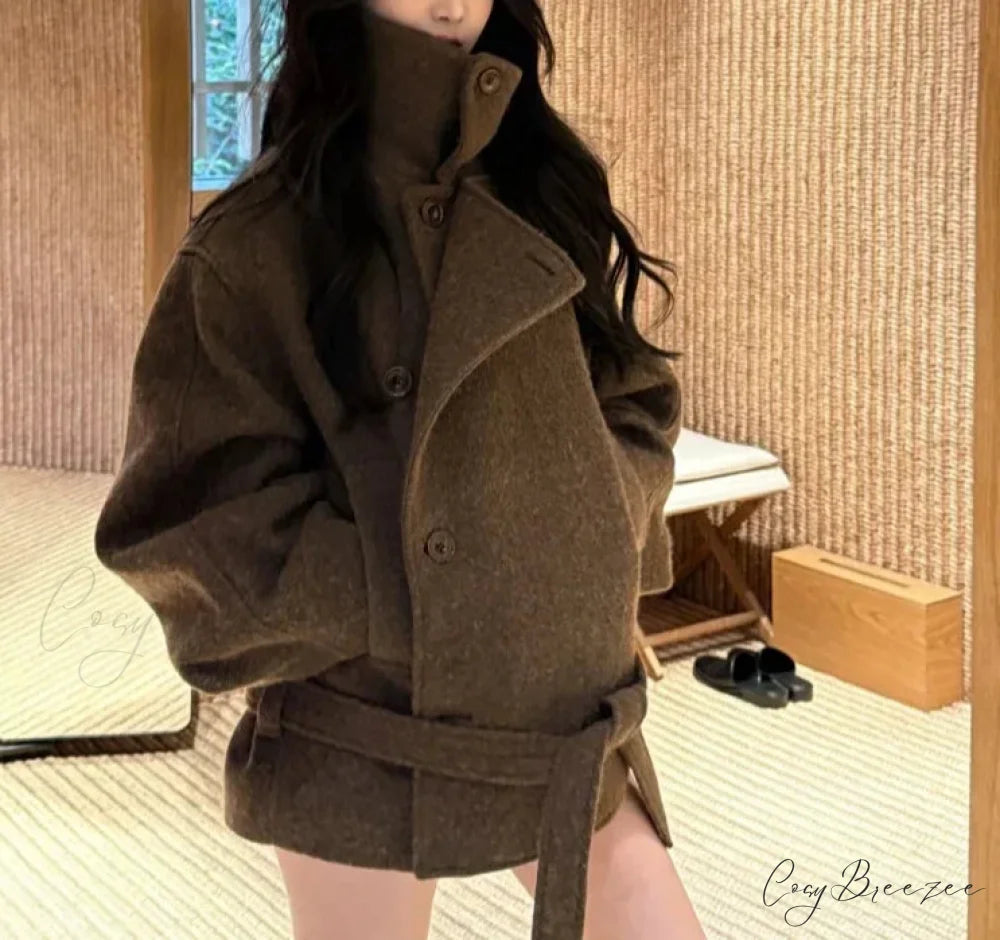 Relaxed Wool Lace-Up Stand Collar Coat coffee / S overcoats-241228