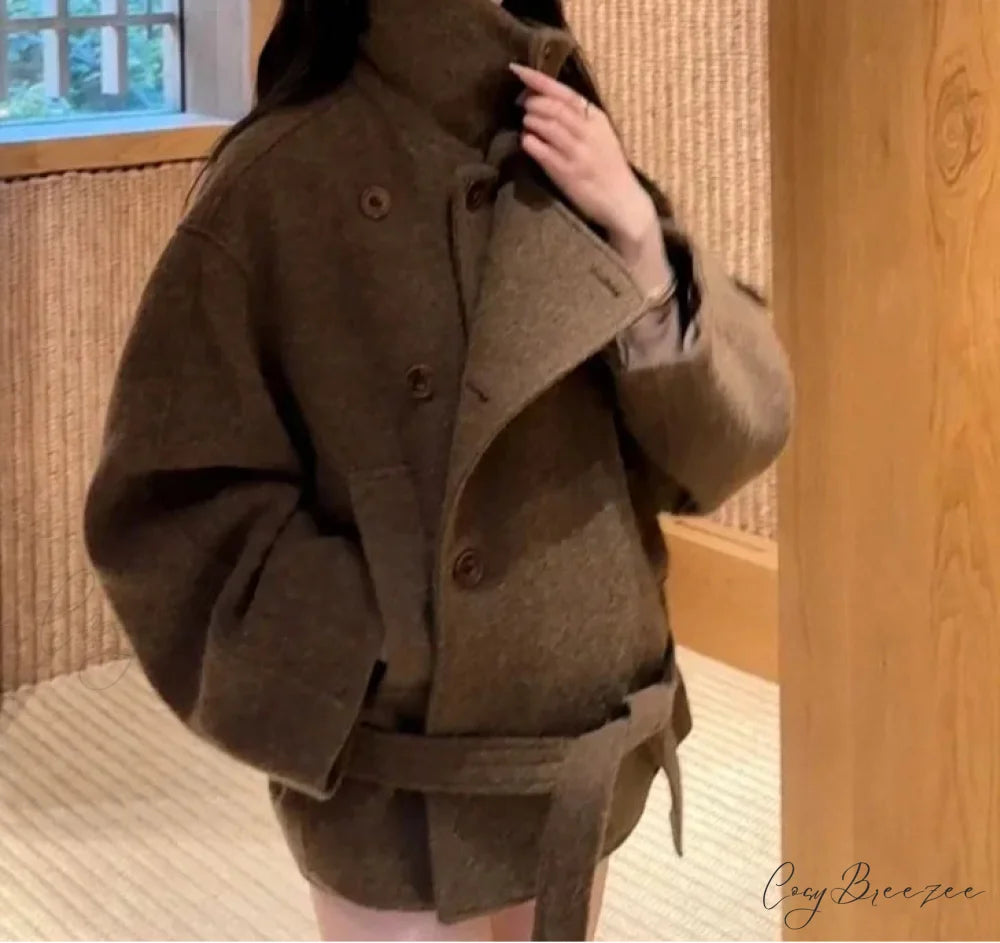 Relaxed Wool Lace-Up Stand Collar Coat overcoats-241228
