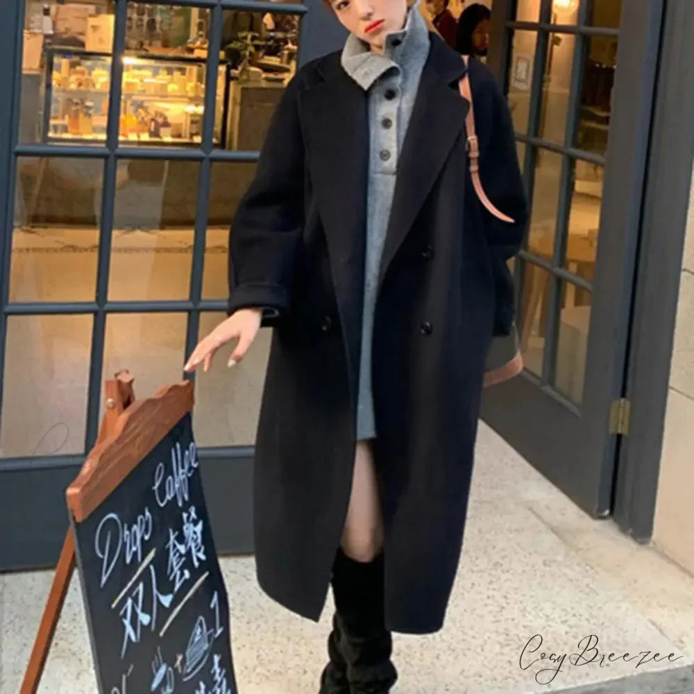 Relaxed Woolen Notch Collar Spring Coat Black / S overcoats-241228