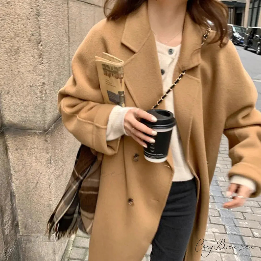 Relaxed Woolen Notch Collar Spring Coat overcoats-241228