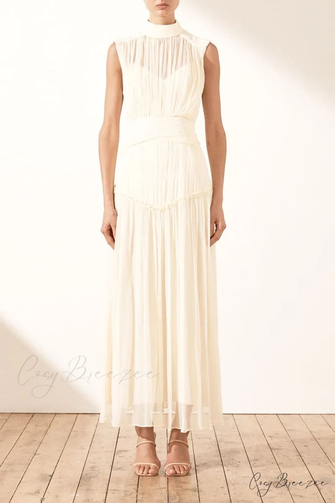 Remarkable Moment High Trendy Neck Maxi Dress White / S