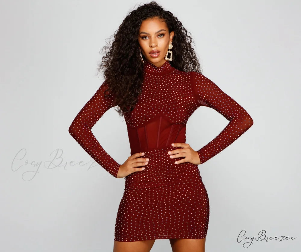 Renata Formal Heat Charming Stone Illusion Mini Dress BURGUNDY / XS