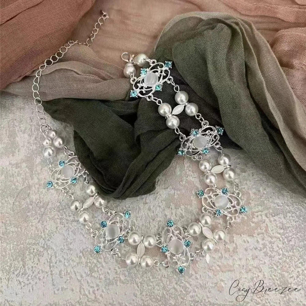 Retro Baroque Style Cross Pearl Layered Fashion Necklace WHITE