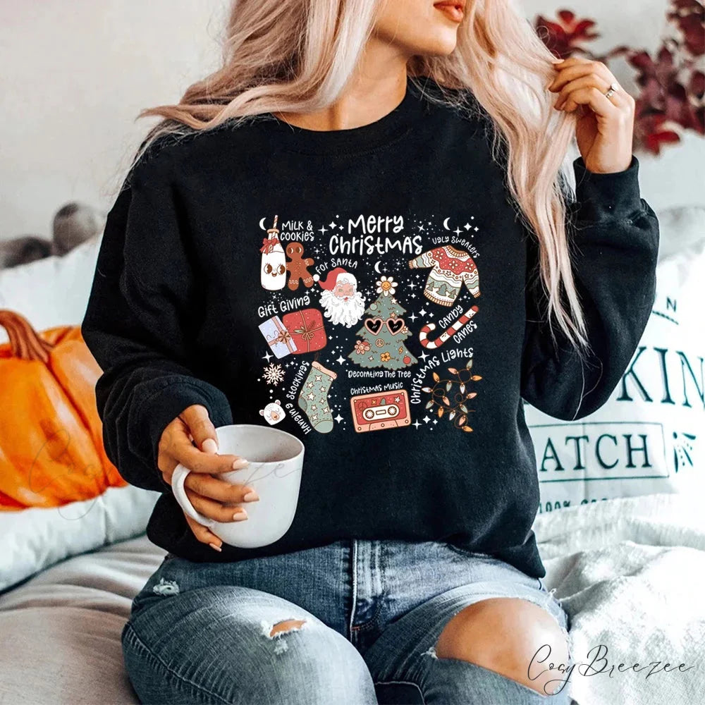 Retro Cheerful Aesthetic Santa Warm Hoodie Black / S