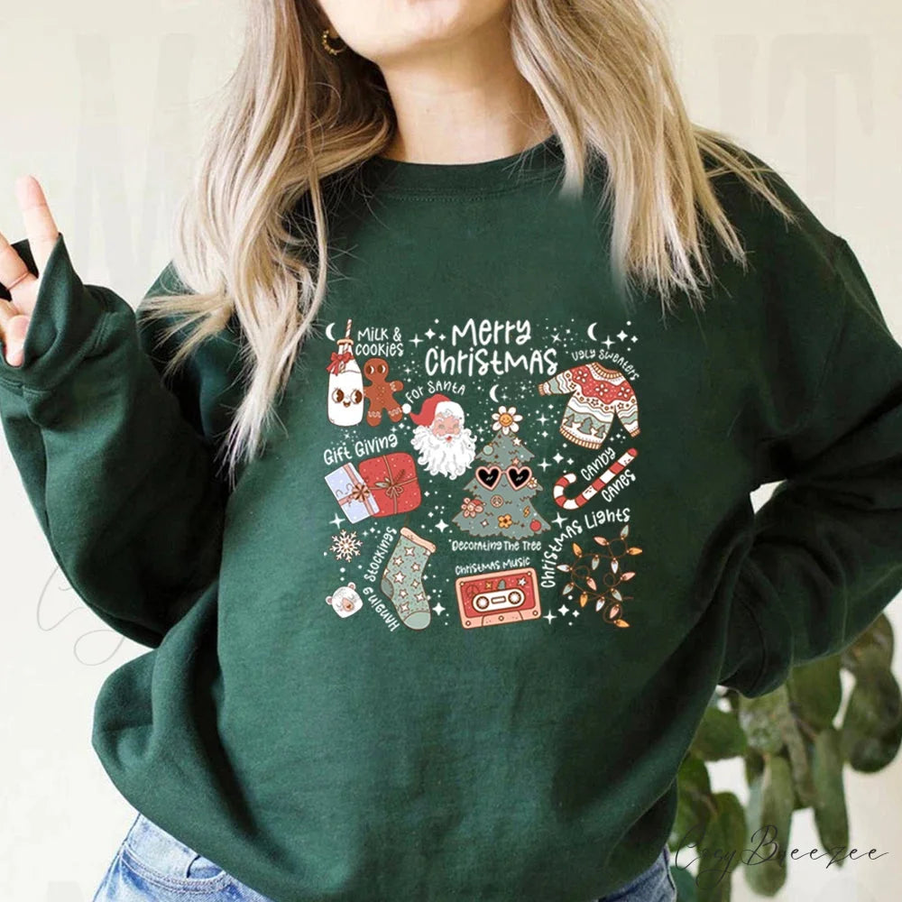 Retro Cheerful Aesthetic Santa Warm Hoodie Dark Green / S