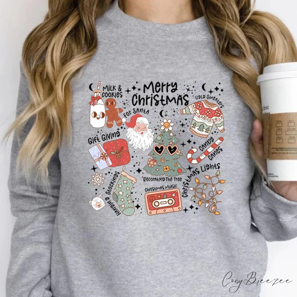 Retro Cheerful Aesthetic Santa Warm Hoodie GRAY / S
