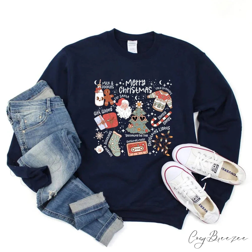 Retro Cheerful Aesthetic Santa Warm Hoodie Navy Blue / S