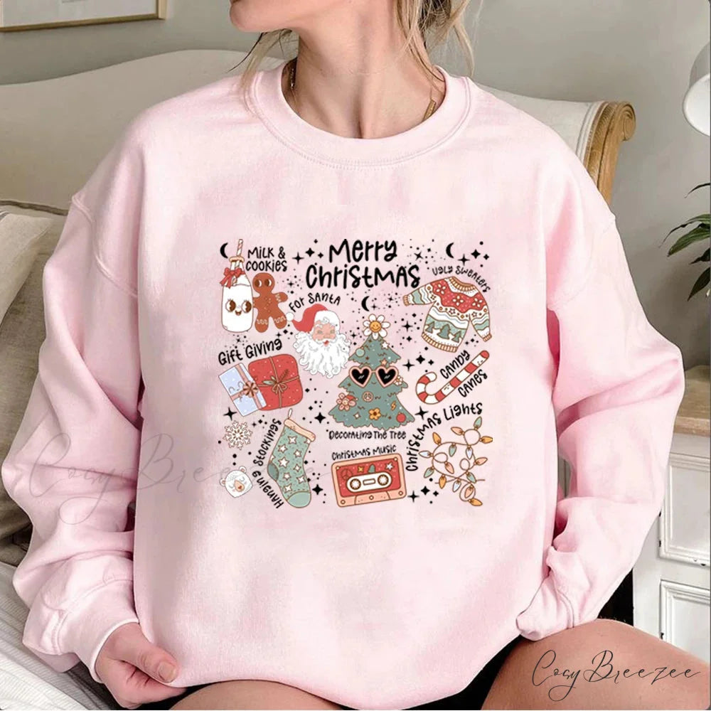 Retro Cheerful Aesthetic Santa Warm Hoodie Pink / S