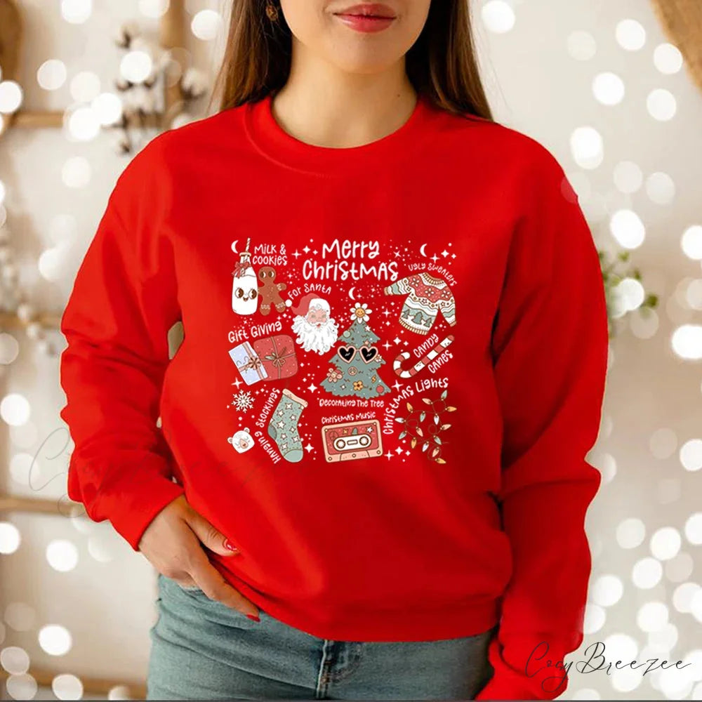 Retro Cheerful Aesthetic Santa Warm Hoodie Red / S