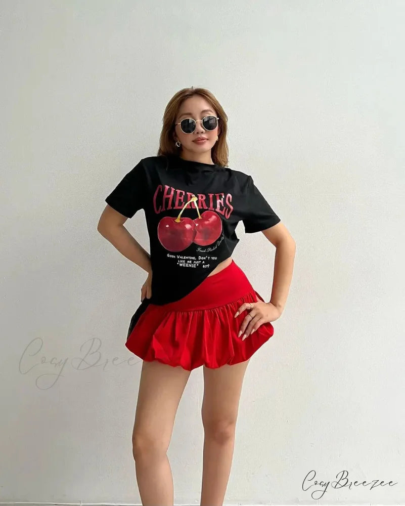 Retro Cherry Print Tee Skirt Set black / S t-shirt-250223