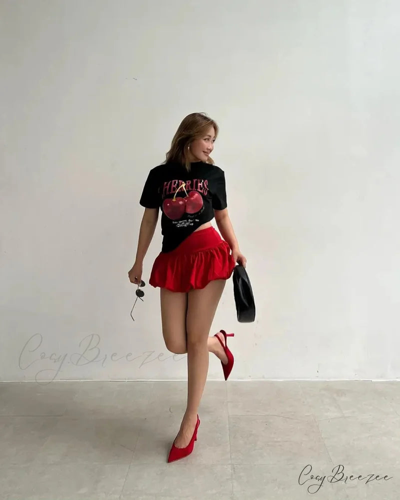 Retro Cherry Print Tee Skirt Set t-shirt-250223
