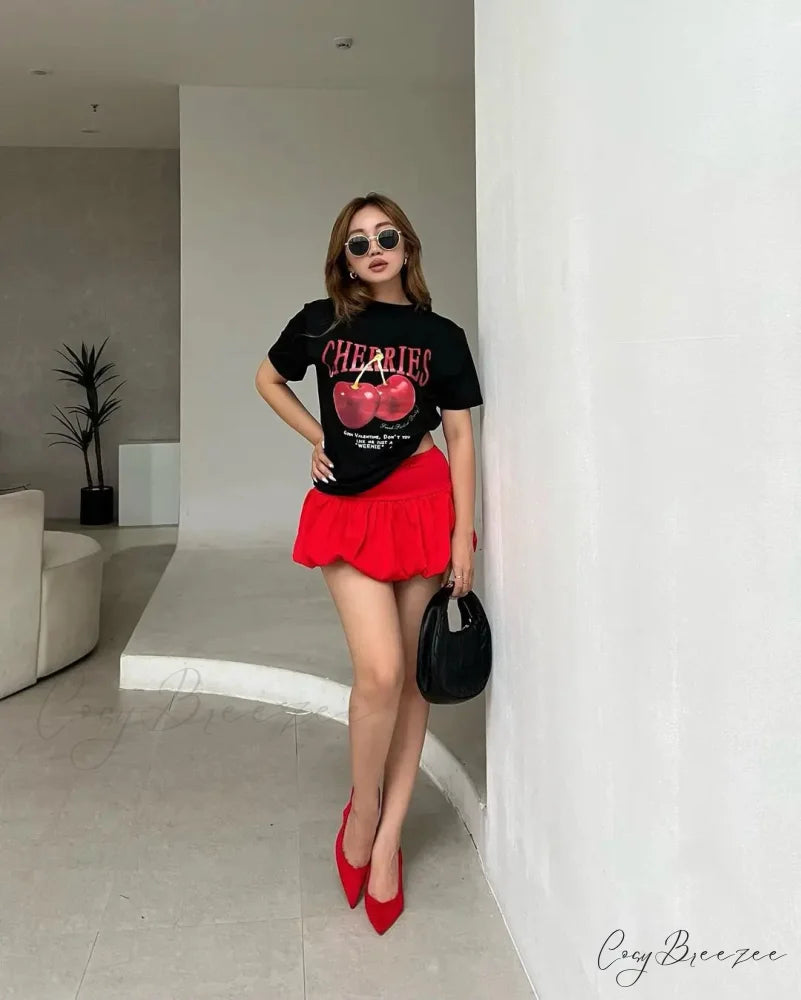 Retro Cherry Print Tee Skirt Set t-shirt-250223