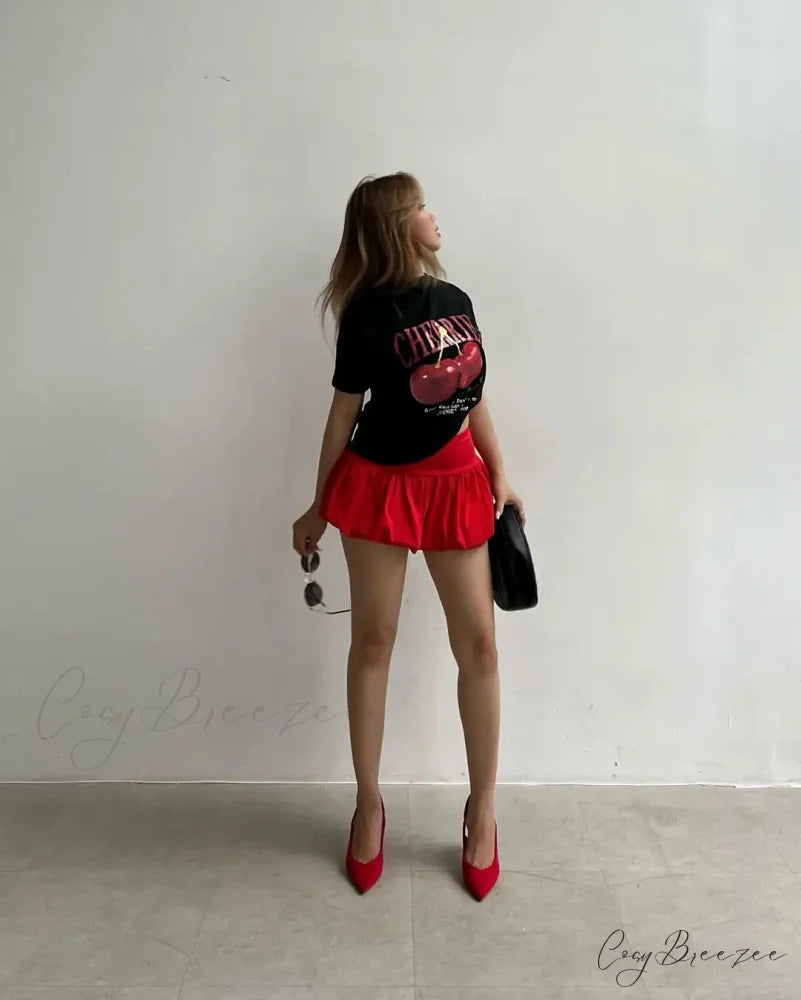 Retro Cherry Print Tee Skirt Set t-shirt-250223