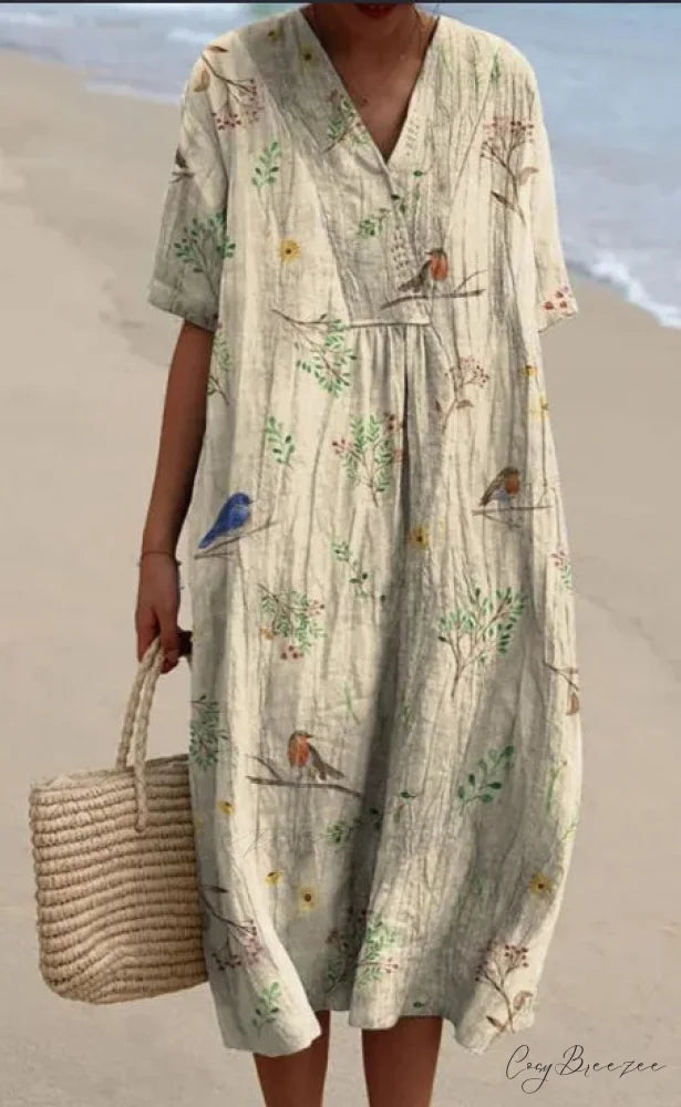 Retro Circle Print Boho Floral Dress baige / S oldfloraldress-250126