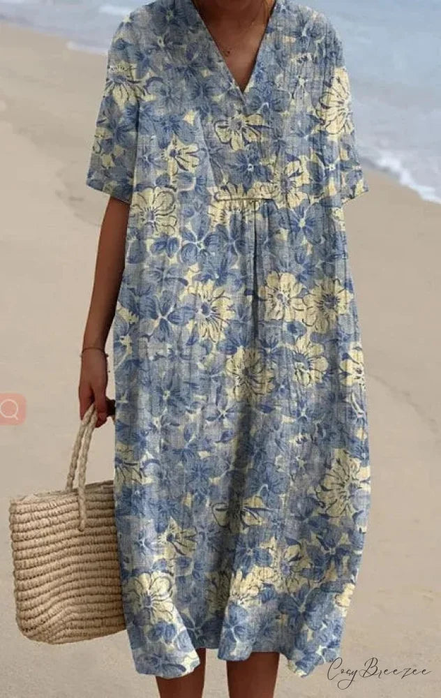 Retro Circle Print Boho Floral Dress Blue / S oldfloraldress-250126
