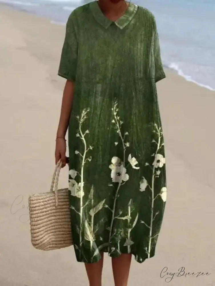 Retro Circle Print Boho Floral Dress green down / S oldfloraldress-250126