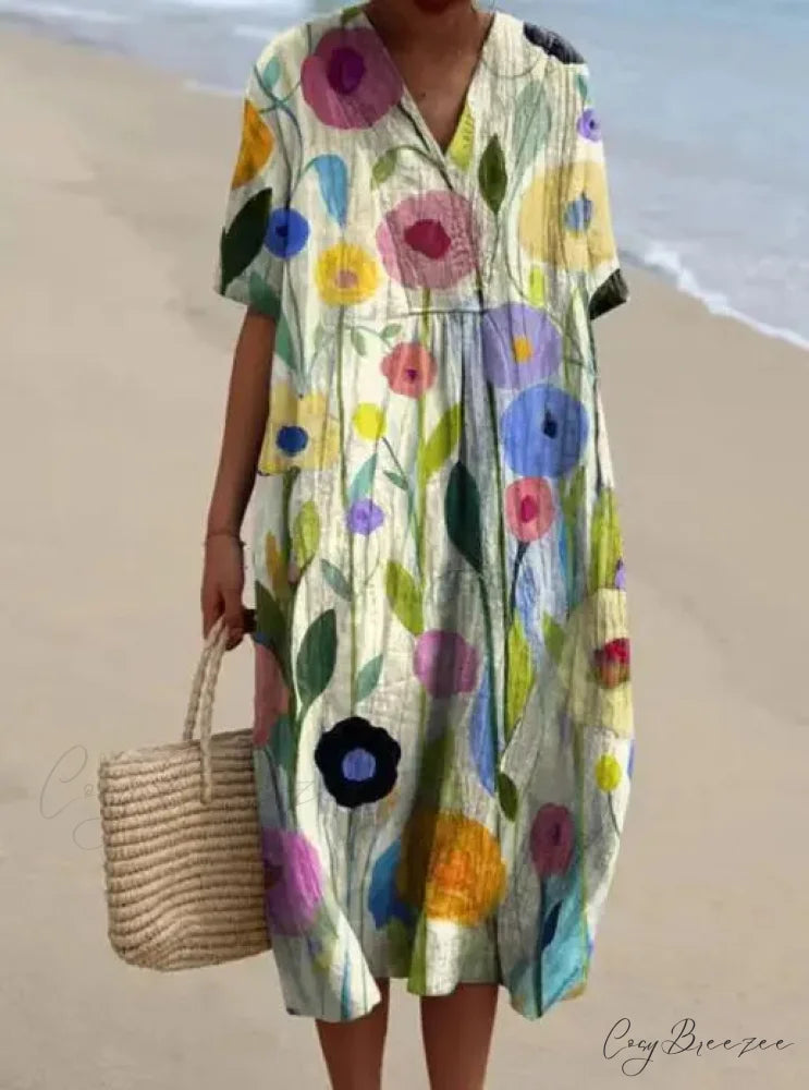 Retro Circle Print Boho Floral Dress green leaf flower / S oldfloraldress-250126
