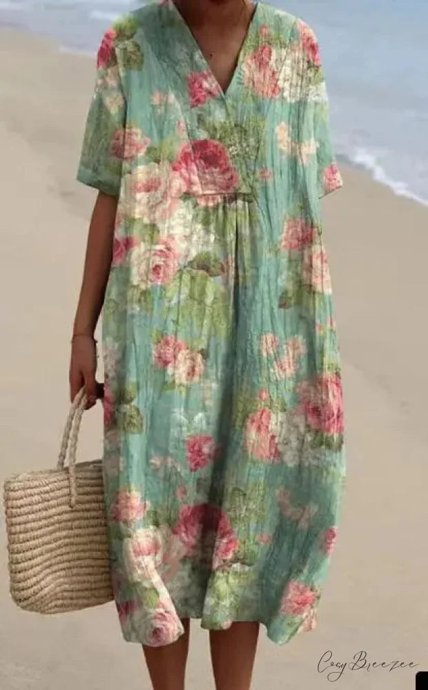 Retro Circle Print Boho Floral Dress light green / S oldfloraldress-250126