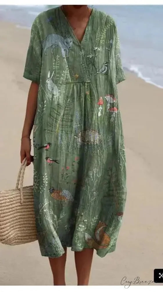 Retro Circle Print Boho Floral Dress Military Green / S oldfloraldress-250126