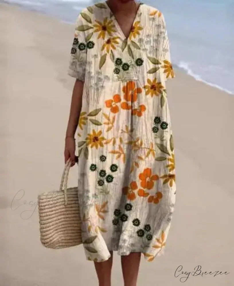 Retro Circle Print Boho Floral Dress Orange / S oldfloraldress-250126