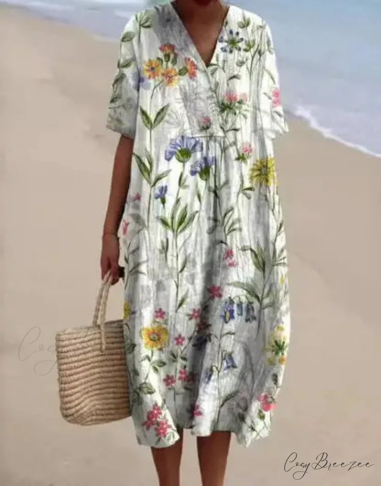 Retro Circle Print Boho Floral Dress White / S oldfloraldress-250126