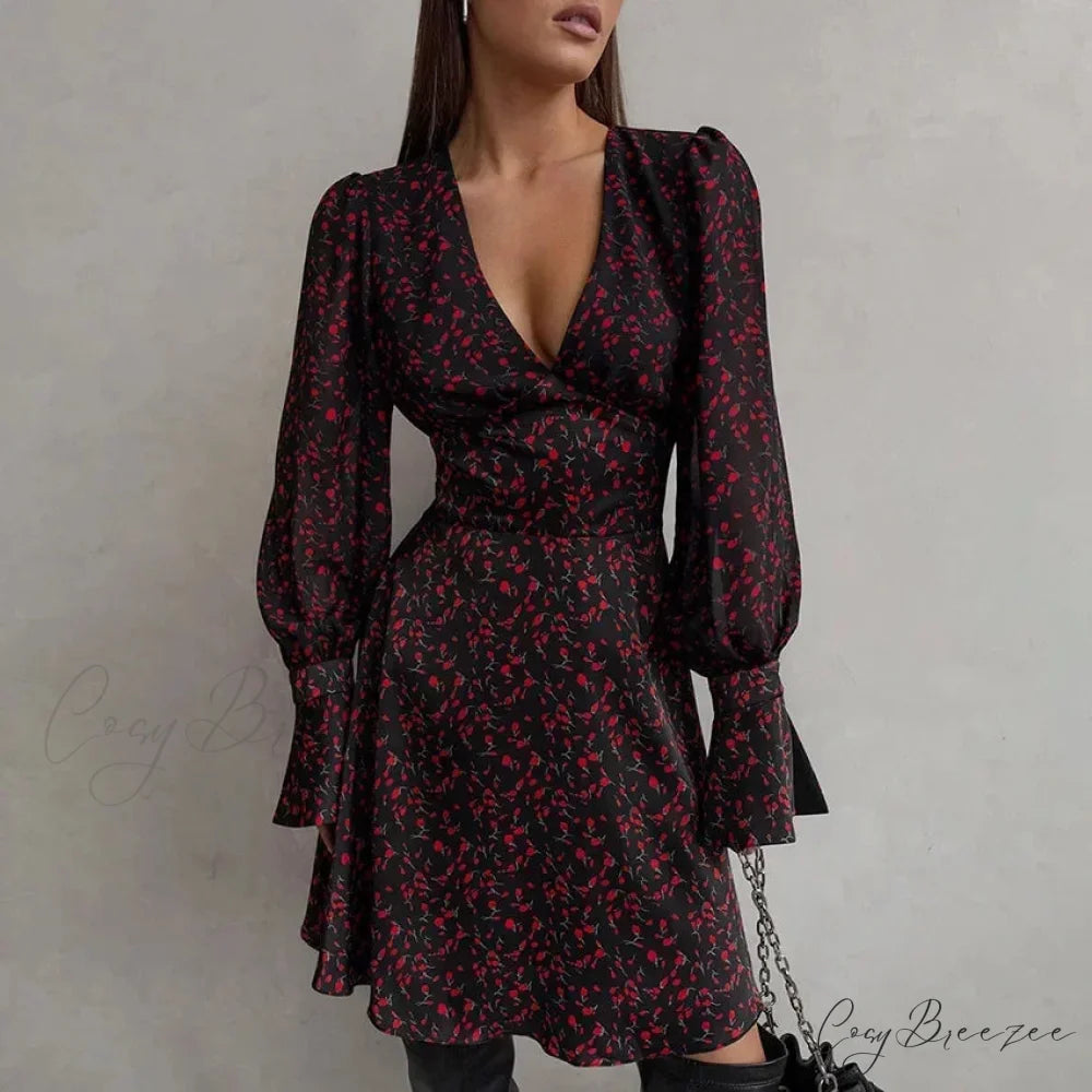Retro Deep V-neck Long Sleeve Dress floraldress-250126