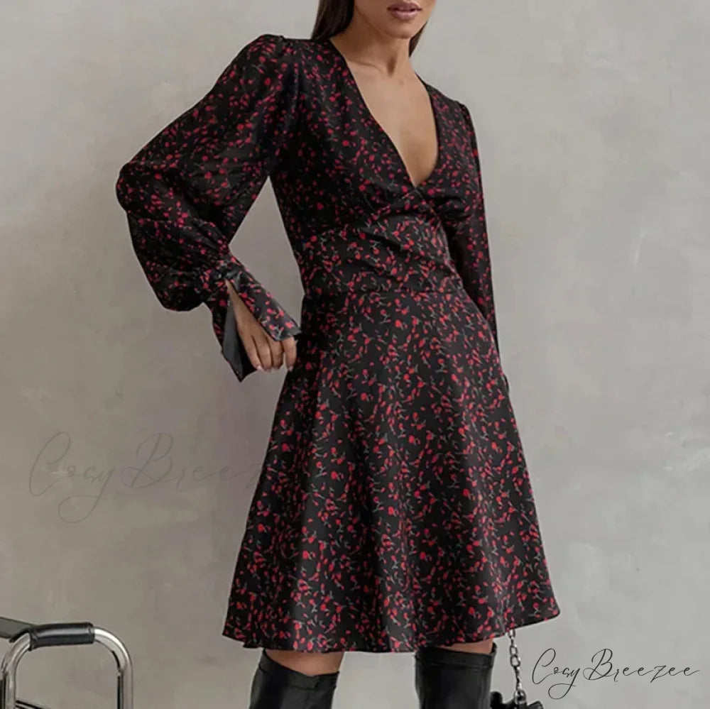 Retro Deep V-neck Long Sleeve Dress floraldress-250126