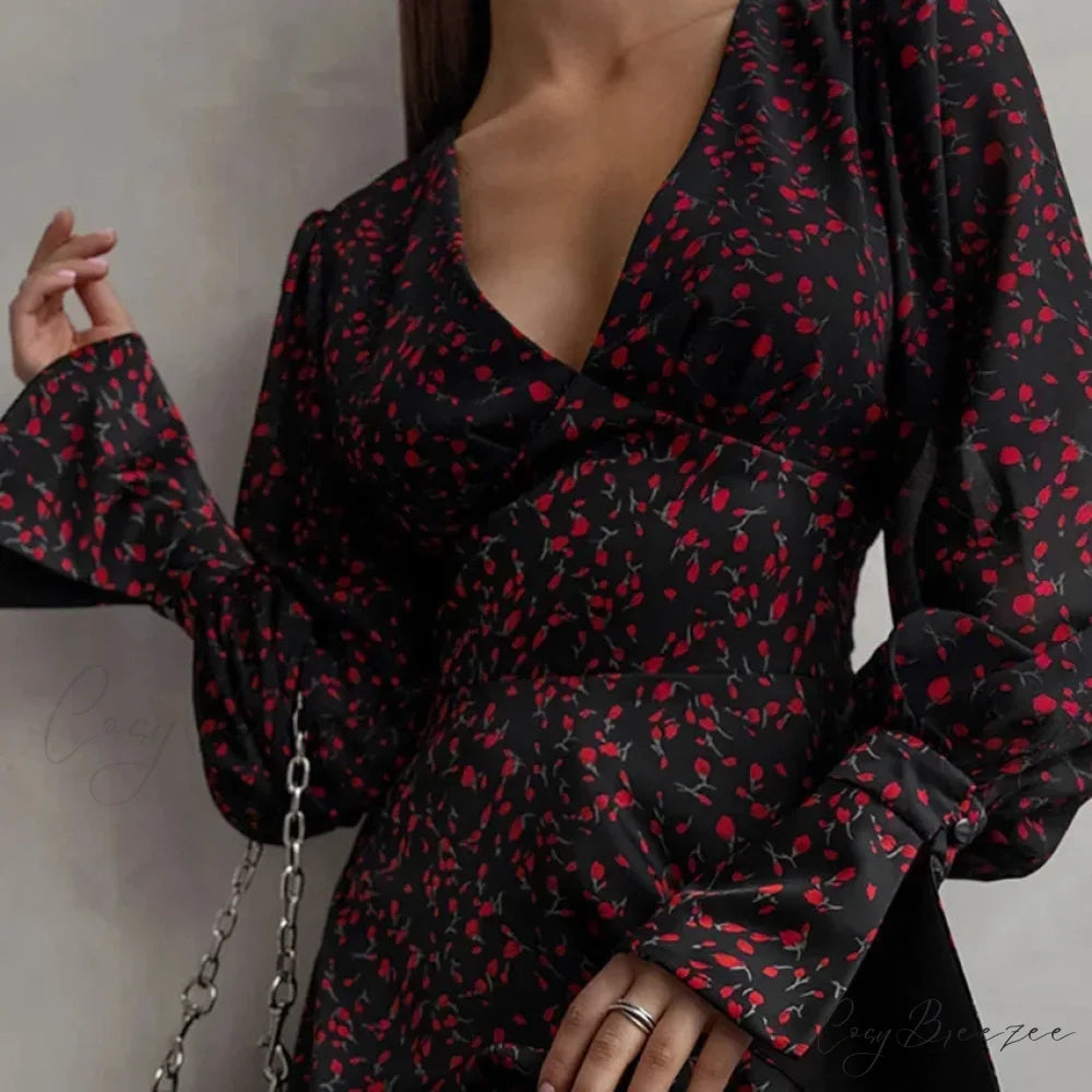 Retro Deep V-neck Long Sleeve Dress floraldress-250126