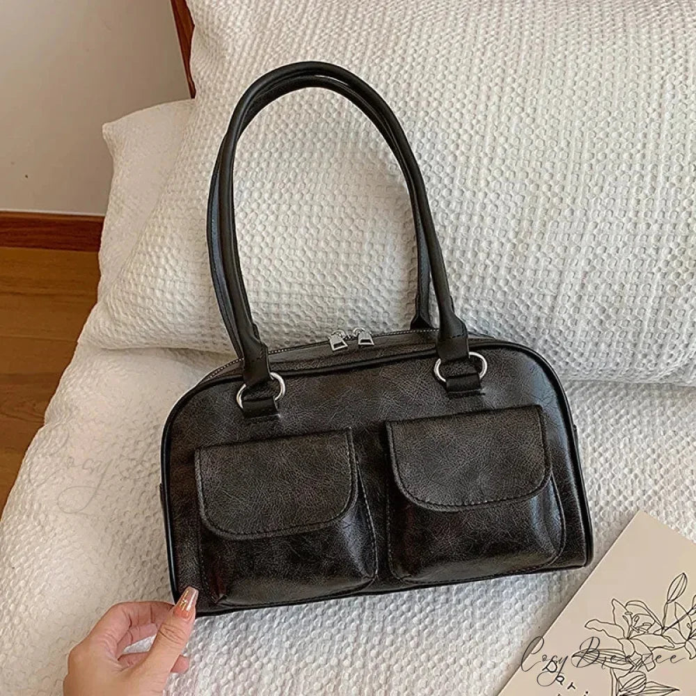 Retro Double Pockets Shoulder Bag Black shoulder-250126