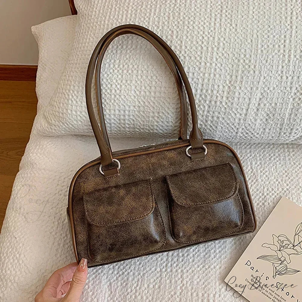 Retro Double Pockets Shoulder Bag Coffee shoulder-250126