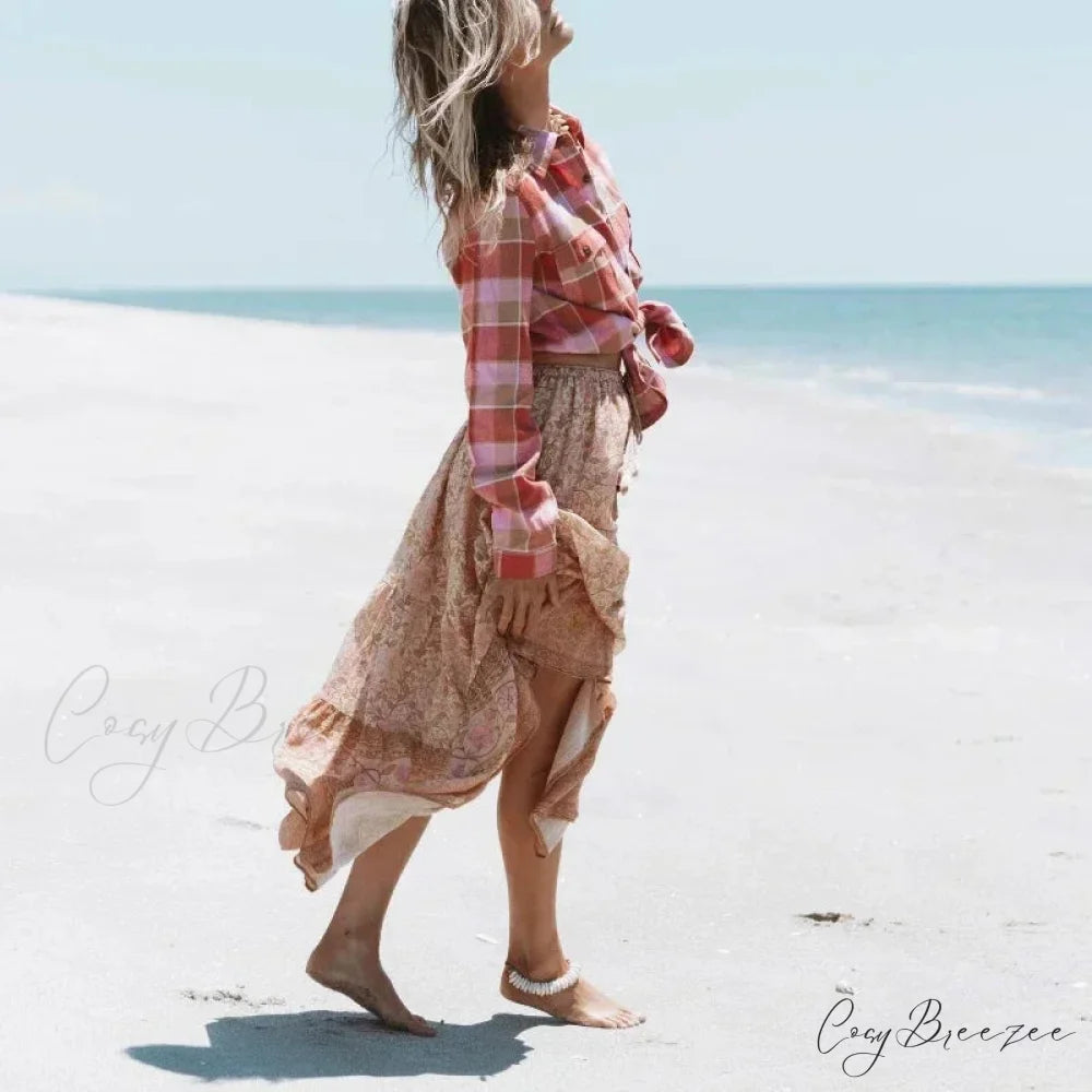Retro Floral Peacock Printed High Waist Beach Boho Skirt skirt-250126
