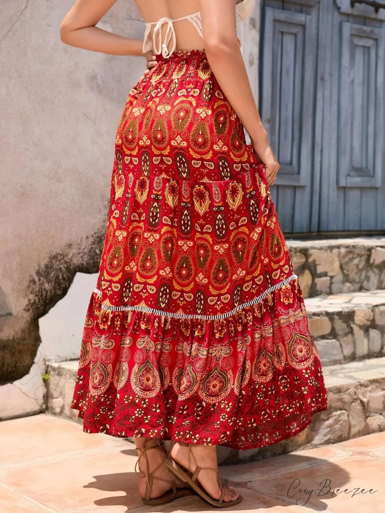 Retro Floral Peacock Skirt High Elastic Beach Bohemian A-line skirt-250126