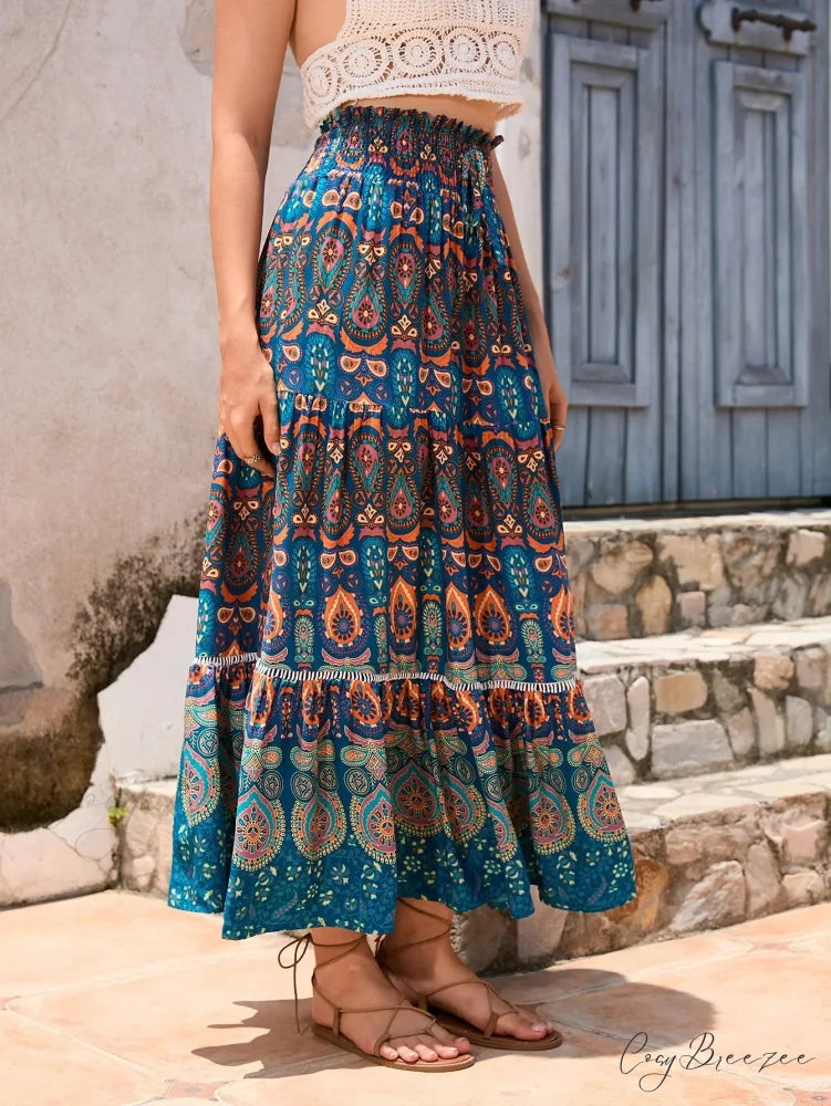 Retro Floral Peacock Skirt High Elastic Beach Bohemian A-line skirt-250126