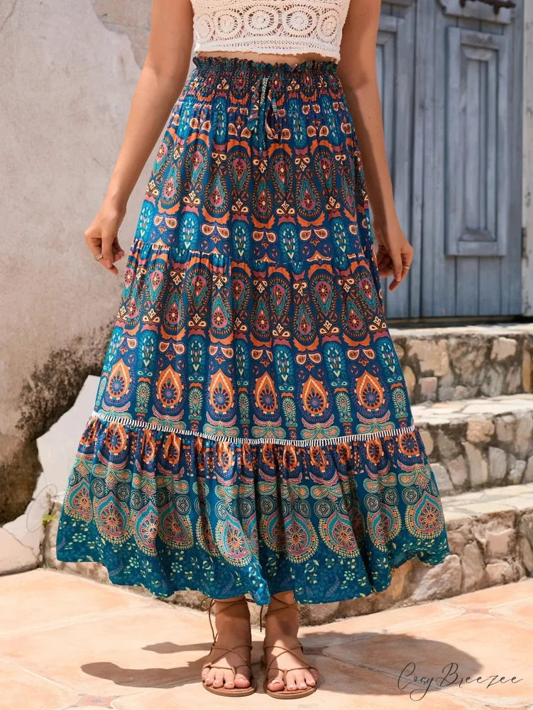 Retro Floral Peacock Skirt High Elastic Beach Bohemian A-line Malachite Blue / S skirt-250126