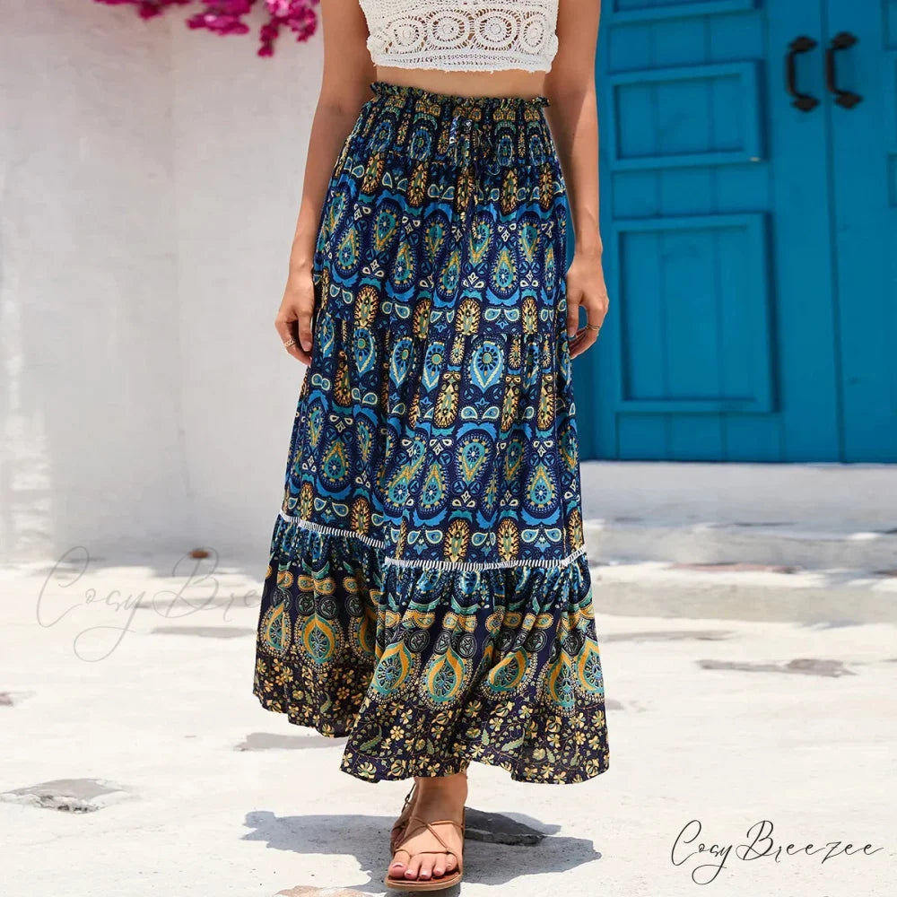 Retro Floral Peacock Skirt High Elastic Beach Bohemian A-line Navy blue / S skirt-250126