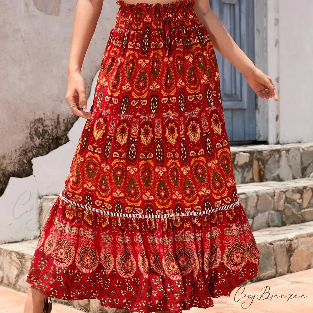Retro Floral Peacock Skirt High Elastic Beach Bohemian A-line Red / S skirt-250126