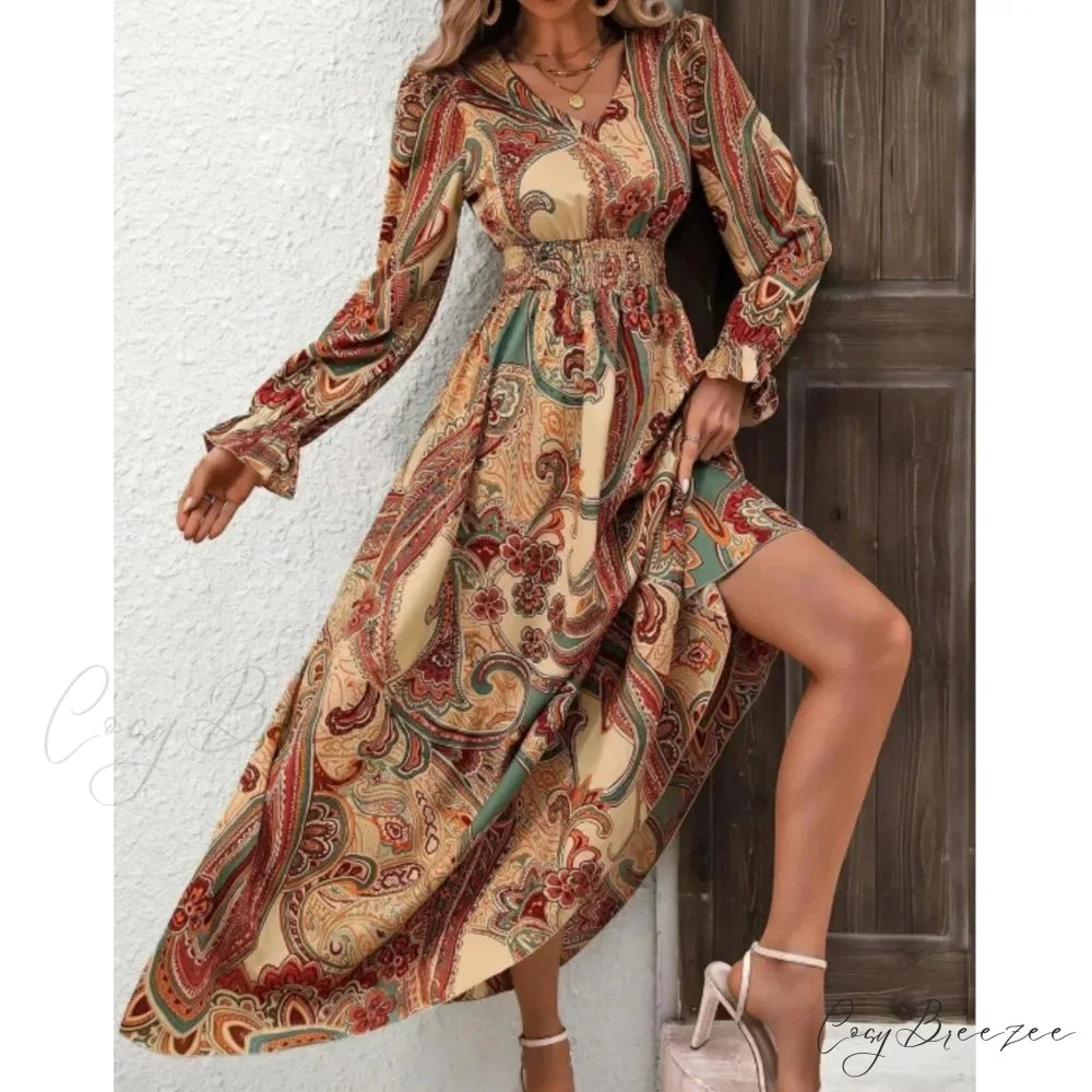 Retro Floral Print A-line Boho Dress oldfloraldress-250126