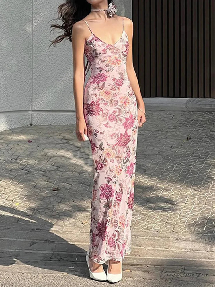 Retro Floral Print Cami Backless Wrap Dress floraldress-250126