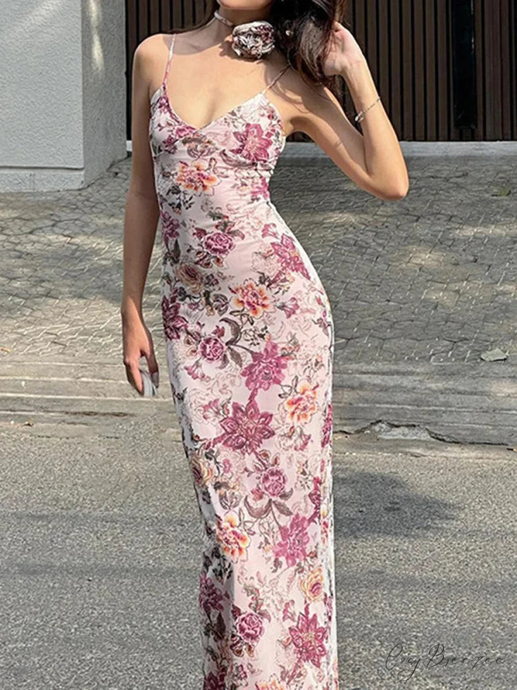 Retro Floral Print Cami Backless Wrap Dress floraldress-250126
