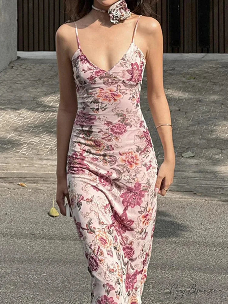 Retro Floral Print Cami Backless Wrap Dress Pink / S floraldress-250126