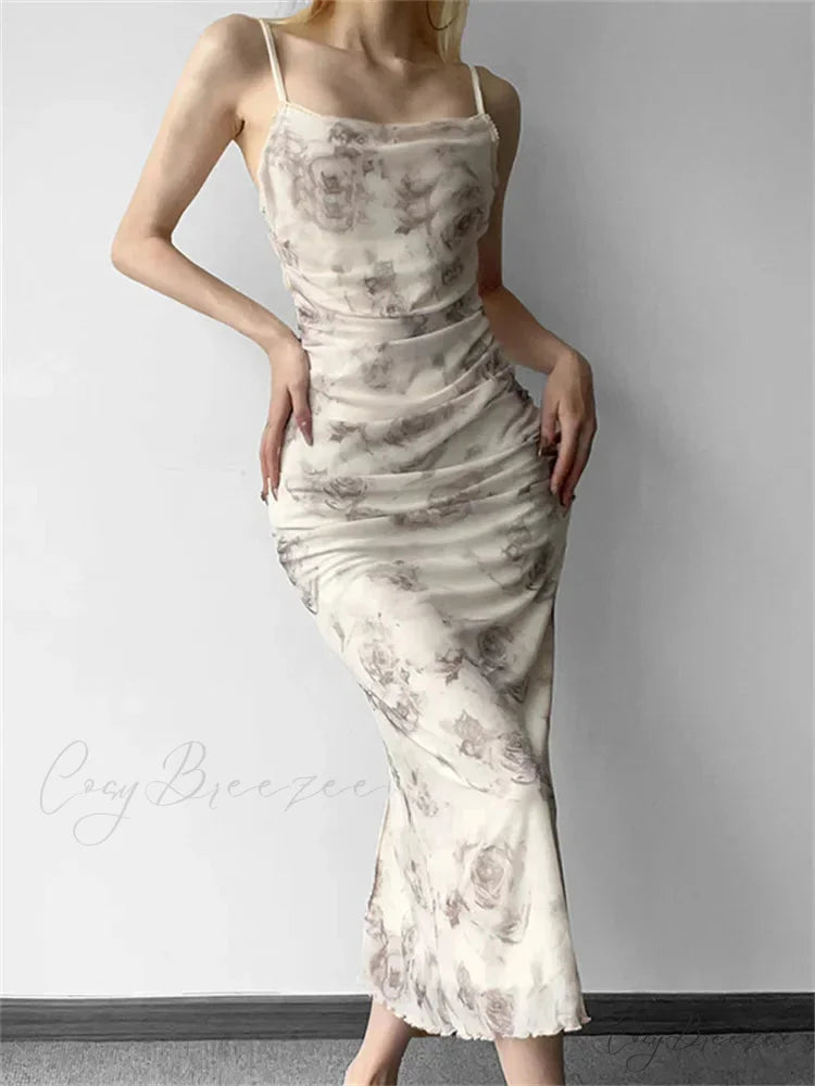 Retro Floral Print for Women Sleeveless Strap V-neck Ruched Split Summer Party Female Vestidos