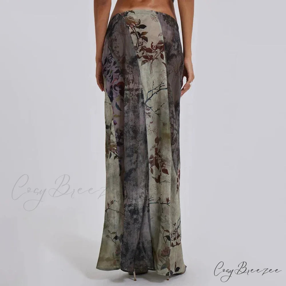 Retro Floral Print Long Patchwork Mesh Low Rise Skirt skirt-250126