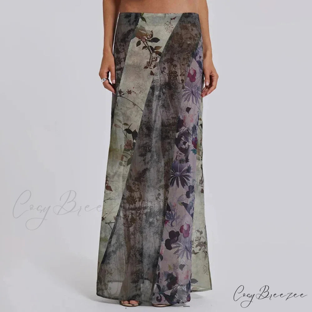 Retro Floral Print Long Patchwork Mesh Low Rise Skirt skirt-250126