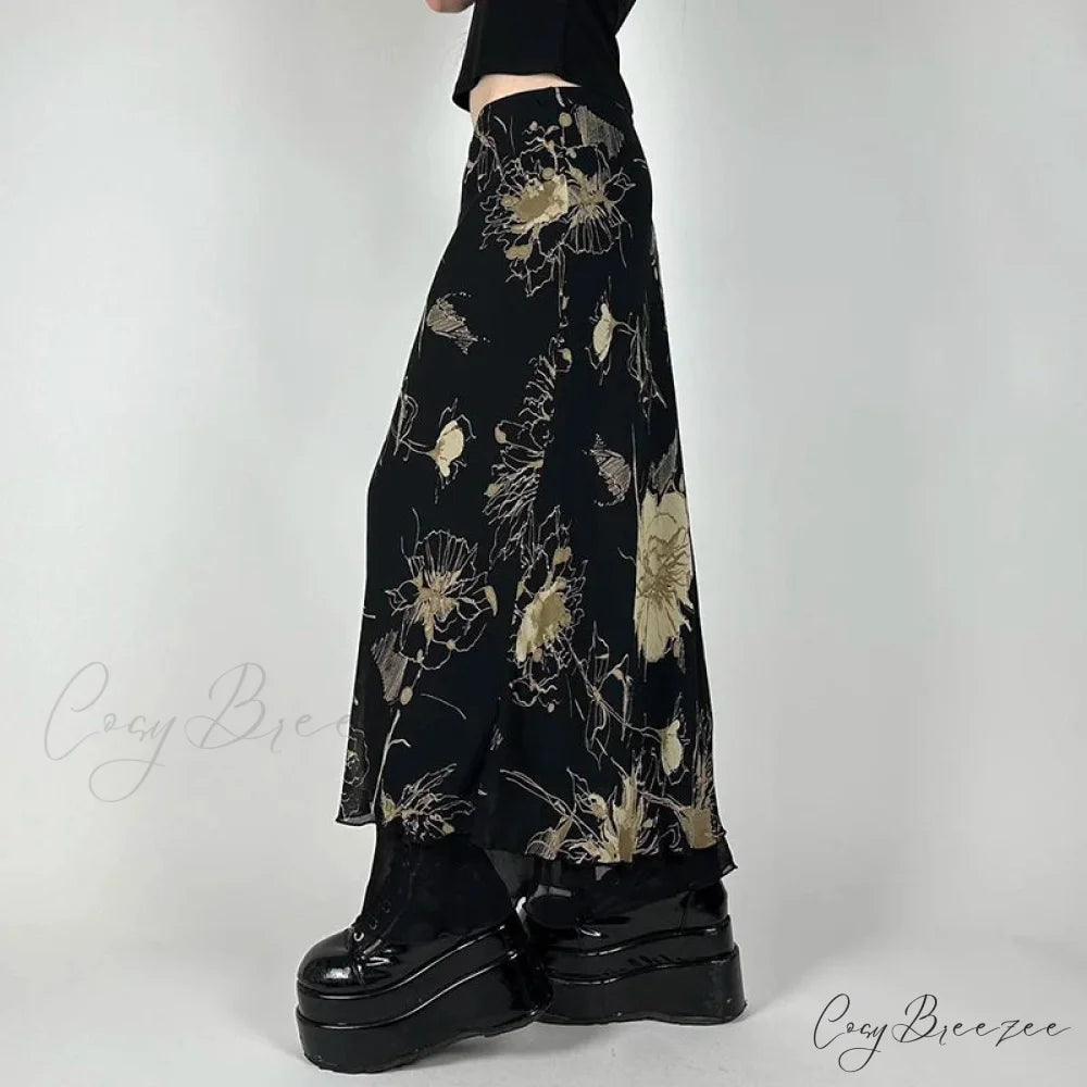 Retro Floral Print Low Rise Slim-Fitting Streetwear Skirt skirt-250126