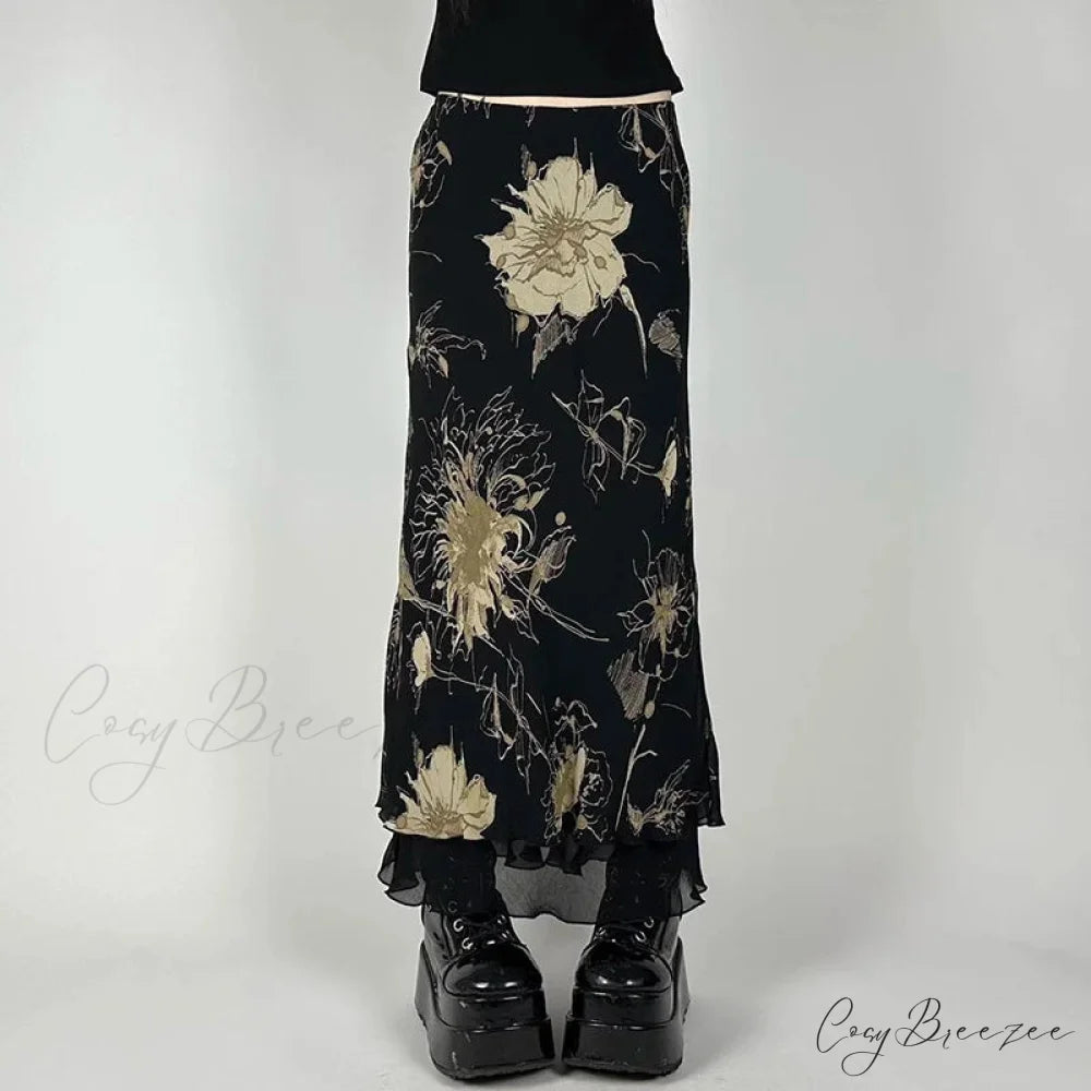 Retro Floral Print Low Rise Slim-Fitting Streetwear Skirt skirt-250126