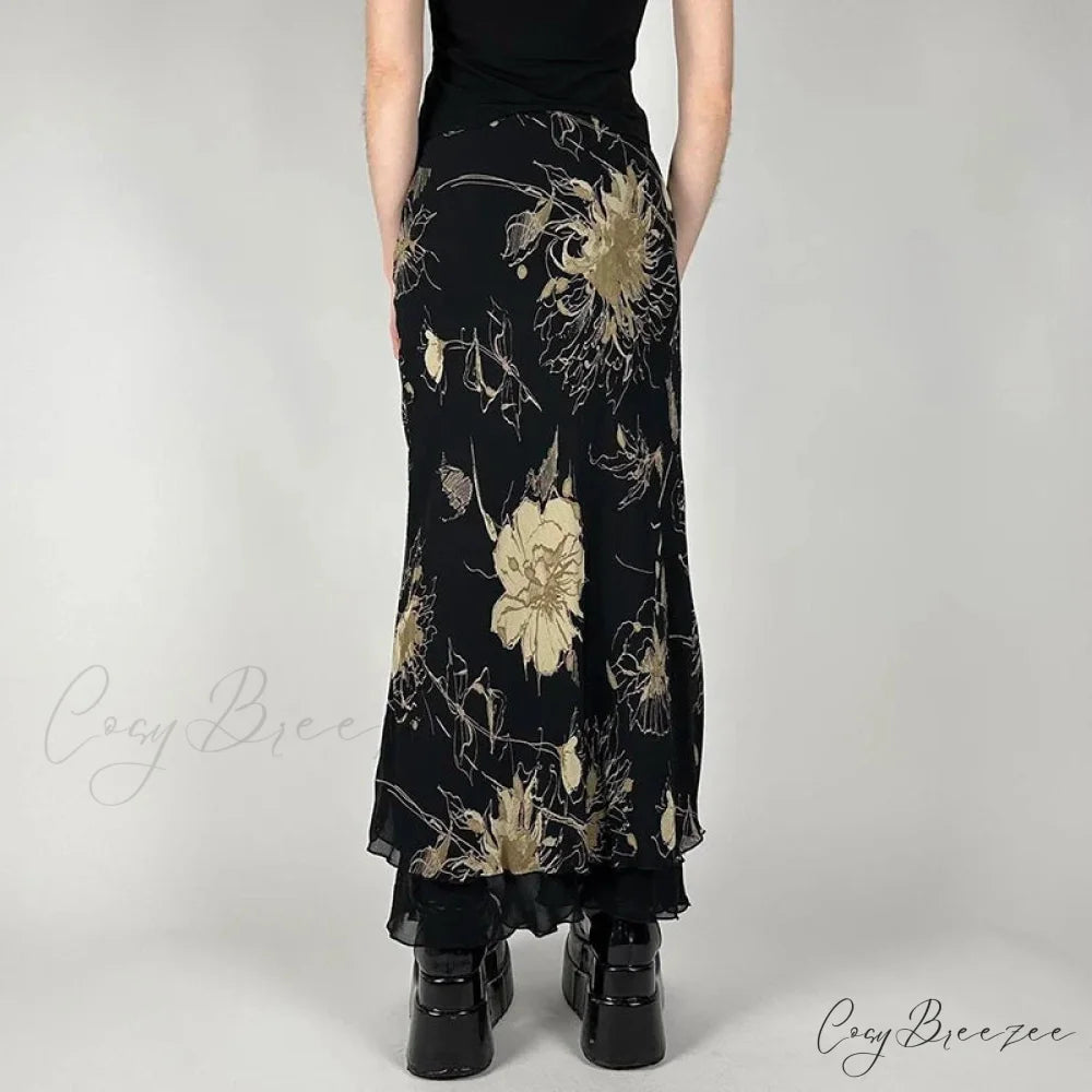 Retro Floral Print Low Rise Slim-Fitting Streetwear Skirt Black / S skirt-250126