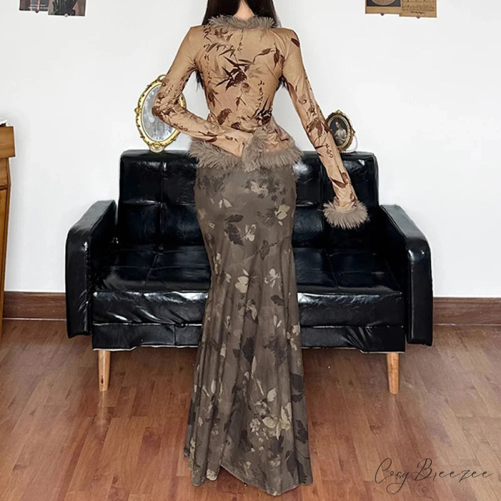 Retro Floral Print Maxi Skirt Grunge Style 2000s skirt-250126
